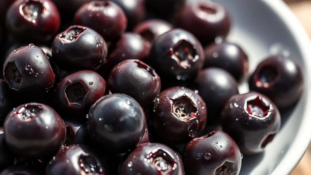 Close-up of fresh dark purple acai berries on a white plate with water droplets, bright natural lighting, shallow depth of field