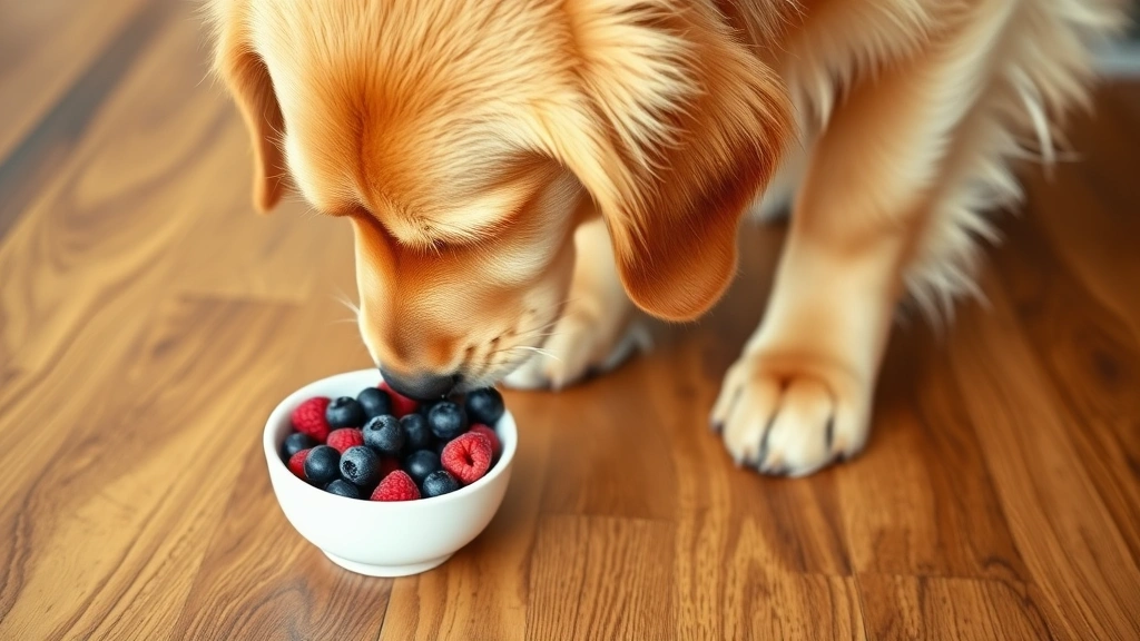 Golden retriever sniffing at a small bowl of mixed fresh berries including blueberries and raspberries on a wooden floor