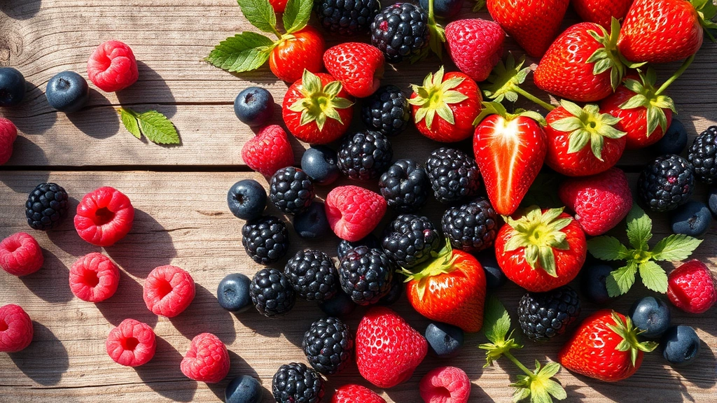Overhead shot of various fresh berries scattered on a rustic wooden surface including raspberries, blackberries, and strawberries in natural sunlight
