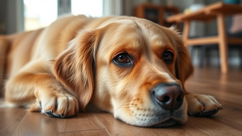 Close-up of a concerned golden retriever lying on a wooden floor looking unwell, soft natural lighting, blurred background home interior