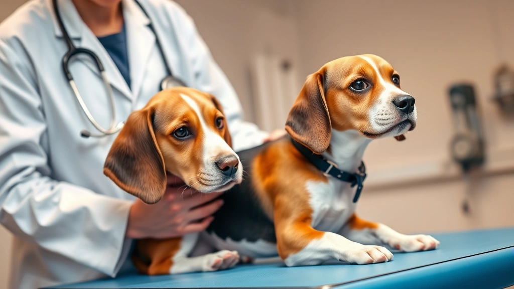 Veterinarian in white coat examining a calm beagle on examination table with stethoscope, professional clinic setting, warm lighting