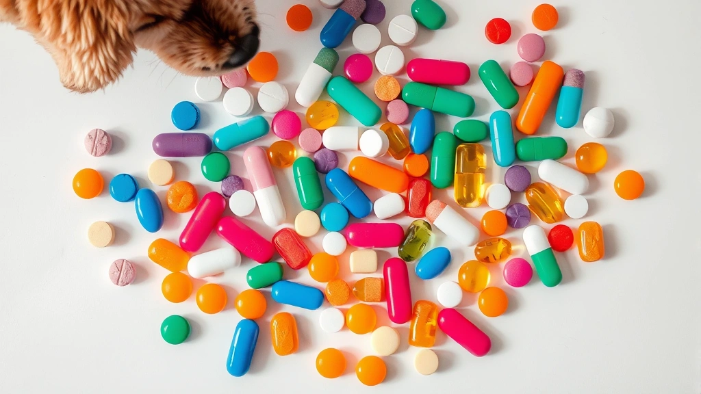 Overhead view of various colorful pill bottles and tablets scattered on white surface with dog toy partially visible at edge, pharmaceutical still life