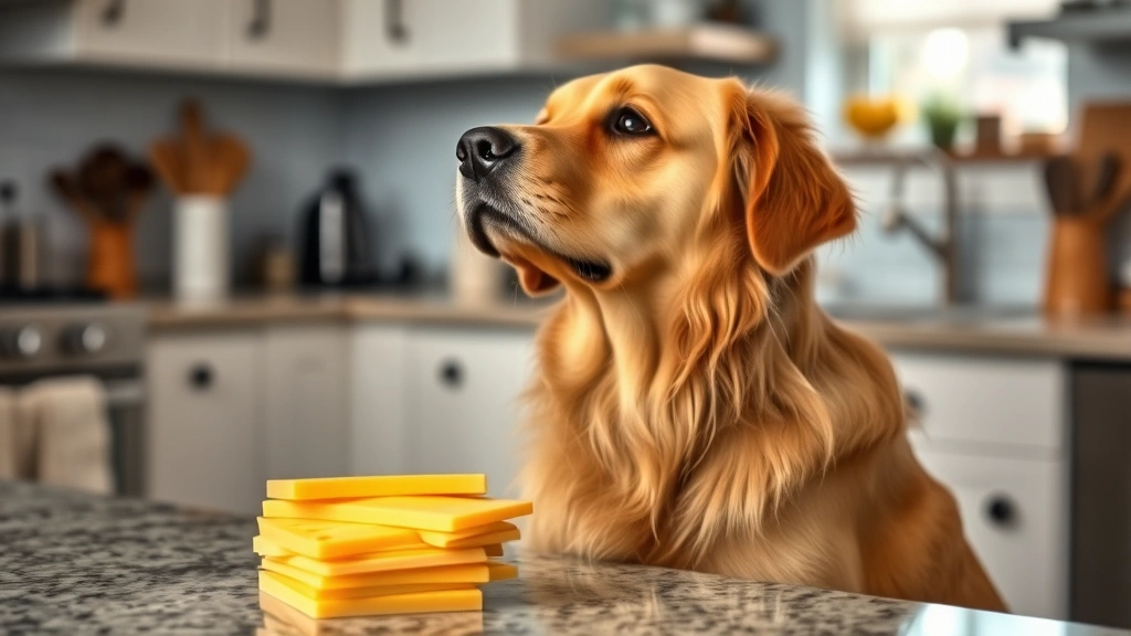 Golden retriever sitting in kitchen, looking up at a stack of American cheese slices on counter, soft natural lighting, warm home setting