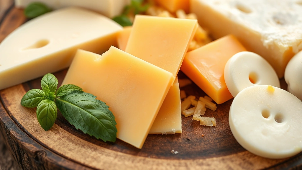 Close-up of various cheese types arranged on rustic wooden board, including American, cheddar, and mozzarella slices, natural daylight photography