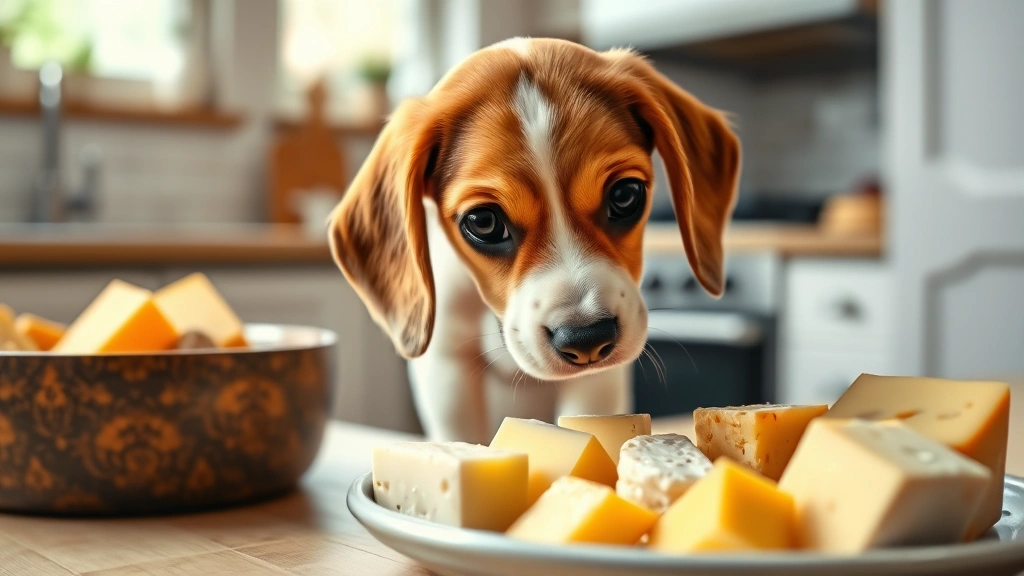 Adorable beagle puppy with curious expression sniffing toward a plate of different cheese varieties, bright kitchen background, photorealistic style