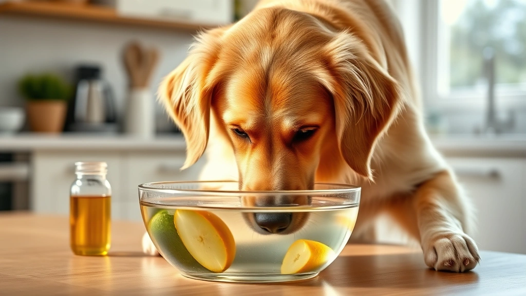 Golden retriever drinking from water bowl with apple cider vinegar mixed in, bright kitchen background with natural lighting