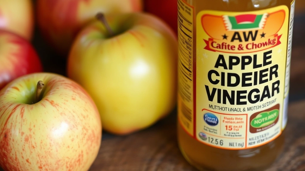 Close-up of raw apple cider vinegar bottle with mother sediment visible, sitting next to fresh apples on wooden surface