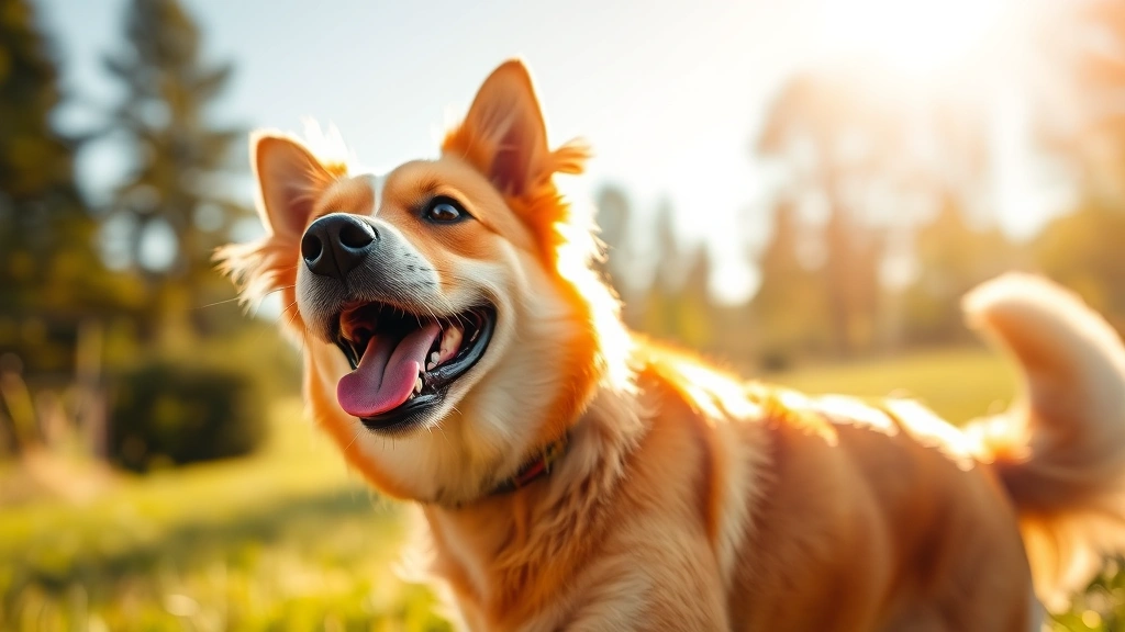 Happy dog playing outdoors with healthy shiny coat, sunlight highlighting fur quality and vitality