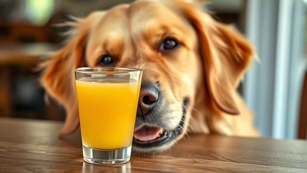 Close-up of a happy golden retriever's face looking at a glass of apple juice on a wooden table, curious expression, natural lighting