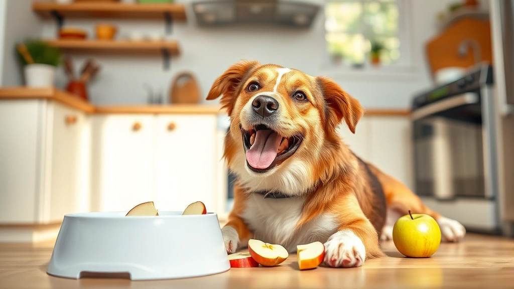 Cheerful dog playing with fresh apple slices and water bowl in bright kitchen, healthy treat presentation, photorealistic style