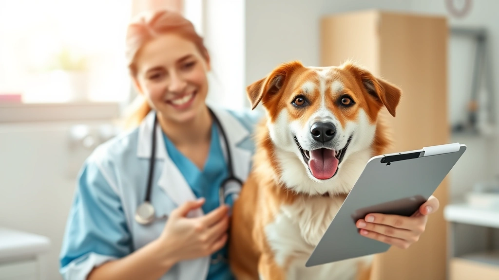 Veterinarian holding a healthy dog during checkup, smiling with clipboard, professional clinic setting, warm natural lighting