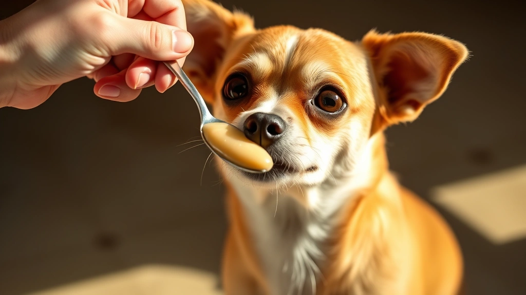 Small dog being offered a spoonful of plain applesauce by a person's hand, warm natural lighting