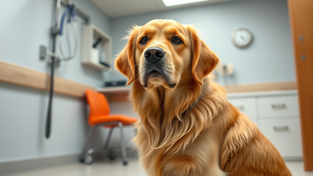 Golden retriever sitting calmly in veterinary office with gentle lighting, professional medical setting, no text no words no letters