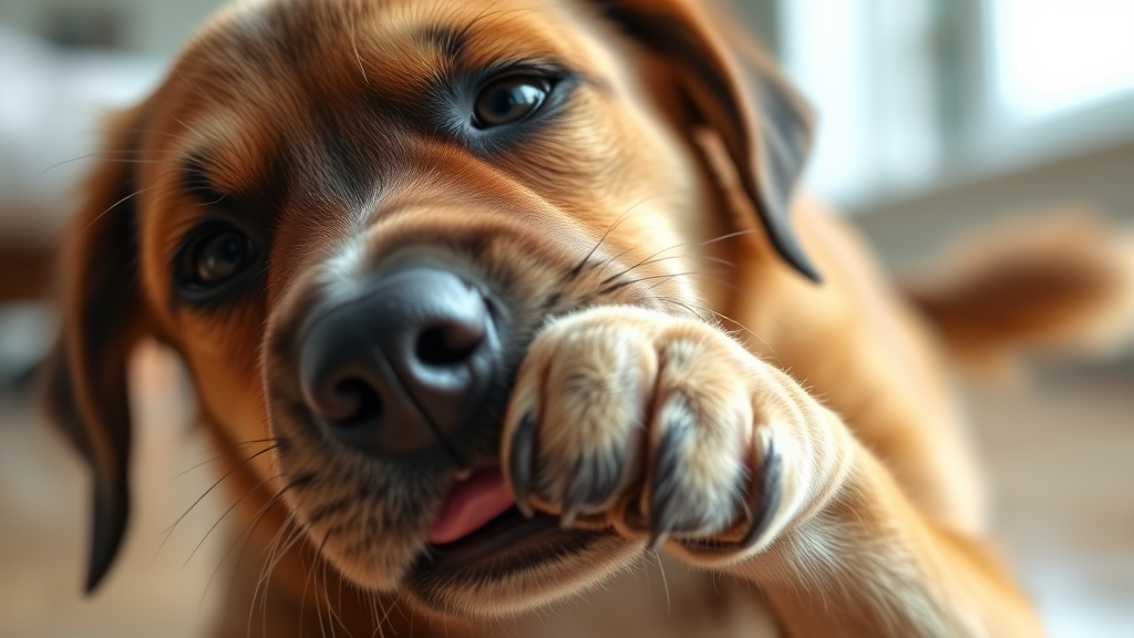 Close-up of dog displaying repetitive behavior, paw licking or tail chasing motion, natural indoor lighting, no text no words no letters