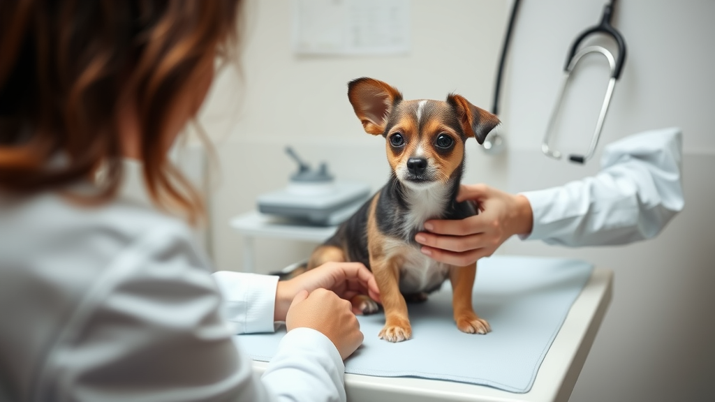 Veterinarian examining small dog on examination table, stethoscope visible, clinical setting with caring atmosphere, no text no words no letters