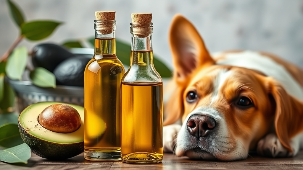 Golden avocado oil in glass bottle next to fresh avocado and healthy dog, no text no words no letters