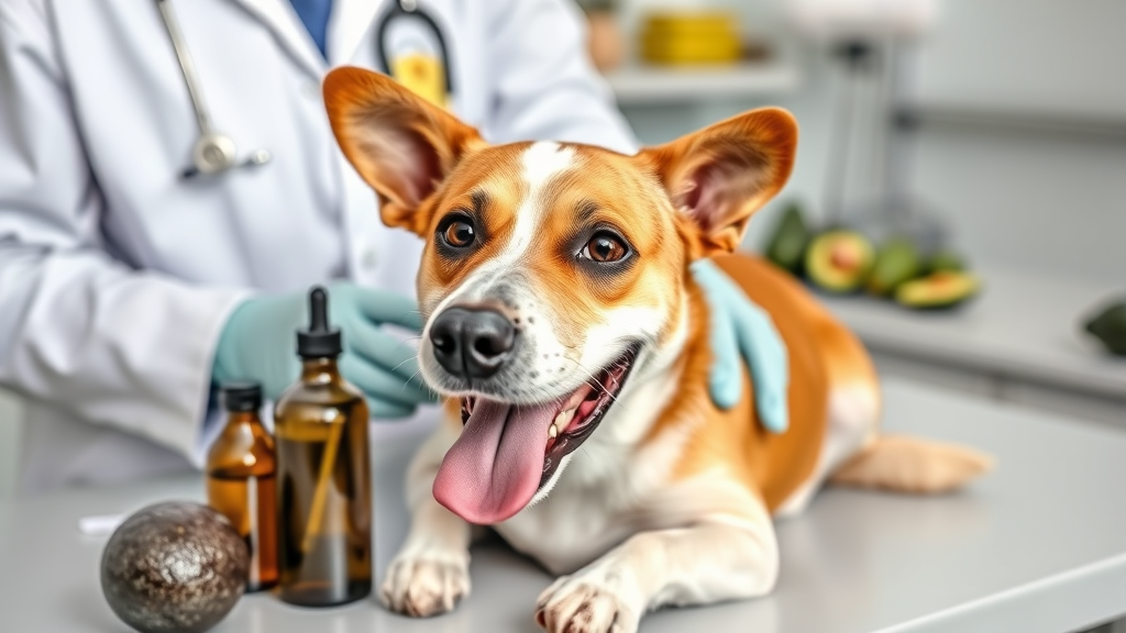 Veterinarian examining happy dog with avocado and oil bottles on examination table, no text no words no letters