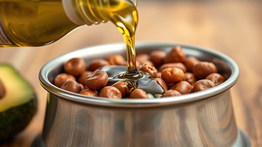 Close up of avocado oil being poured into dog food bowl no text no words no letters