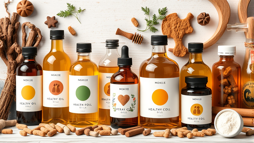 Various healthy oils in bottles arranged with dog treats and supplements, no text no words no letters