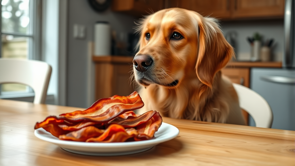 Golden retriever sitting at kitchen table looking longingly at crispy bacon strips on plate, no text no words no letters