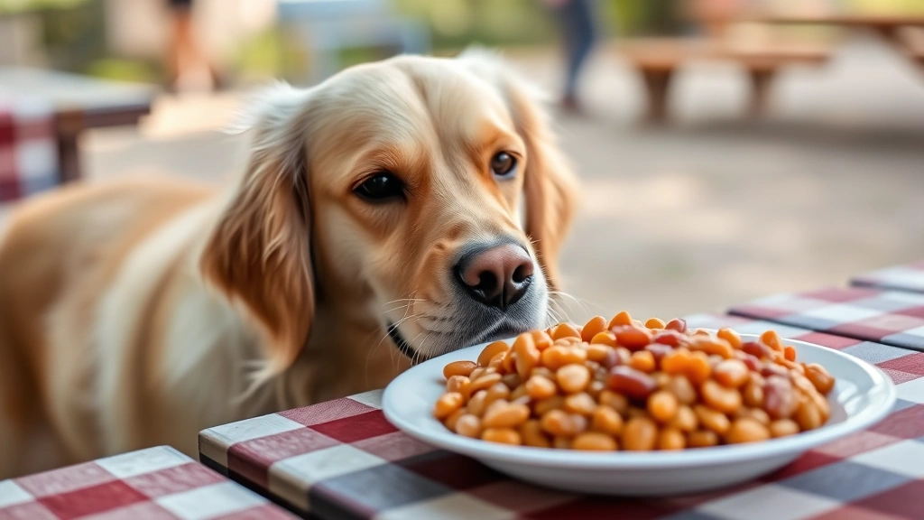 Golden Retriever looking at a plate of baked beans on a picnic table, curious expression, outdoor summer setting with blurred background