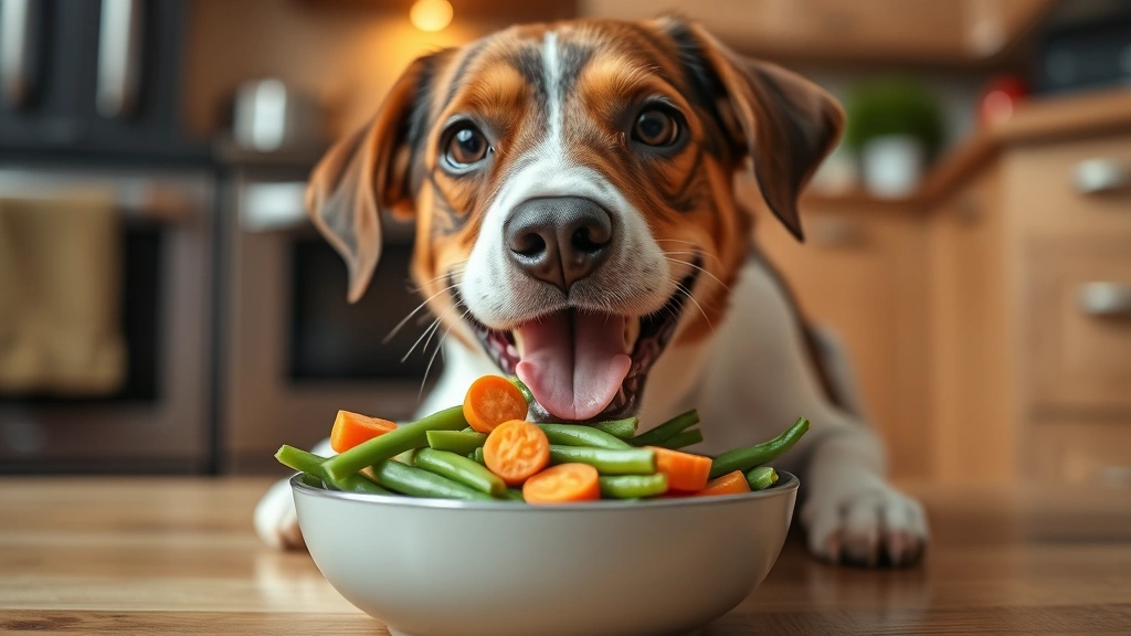 Happy dog eating from a bowl of plain cooked green beans and carrots, healthy dog treat, indoor kitchen setting with warm lighting