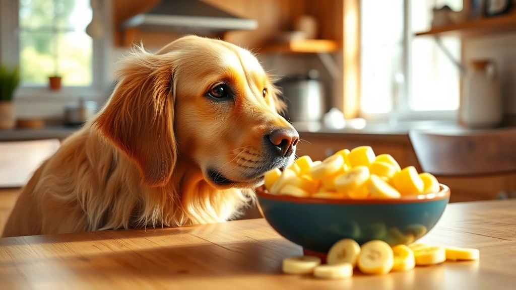 Golden retriever looking at a bowl of fresh banana slices on a wooden table, bright natural lighting, warm kitchen setting