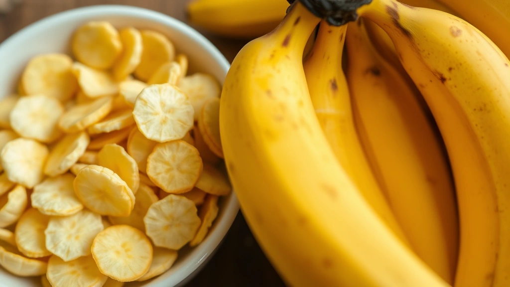 Close-up of commercial banana chips in a white bowl next to fresh whole bananas, showing the contrast between processed and fresh fruit