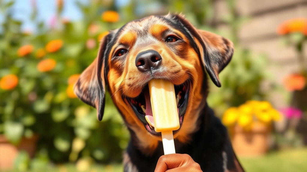 Playful labrador puppy with a frozen banana treat or popsicle, outdoor sunny garden background, happy expression