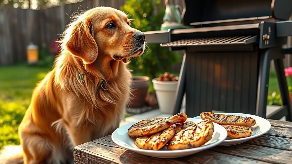Golden retriever sitting beside a grill with grilled chicken on a plate, summer backyard setting, warm afternoon light, dog looking away from food