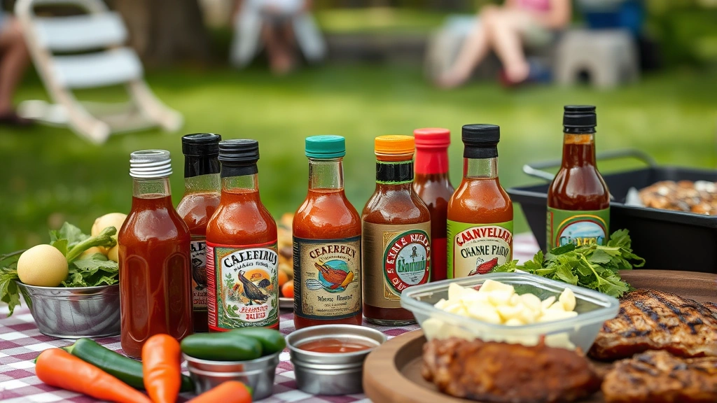 Close-up of various barbecue sauce bottles and containers arranged on a picnic table with vegetables and grilled meats nearby, outdoor summer scene