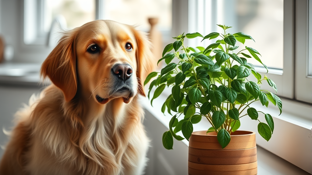 Golden retriever sitting next to fresh green basil plant in kitchen, natural lighting, no text no words no letters