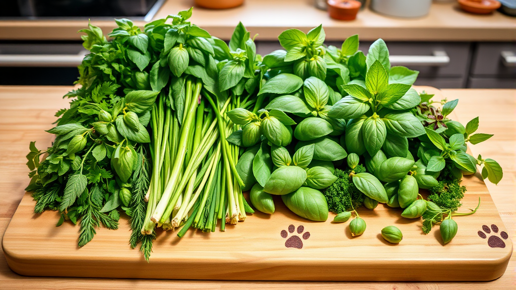Variety of fresh herbs including basil arranged on cutting board with dog paws visible, bright kitchen setting, no text no words no letters