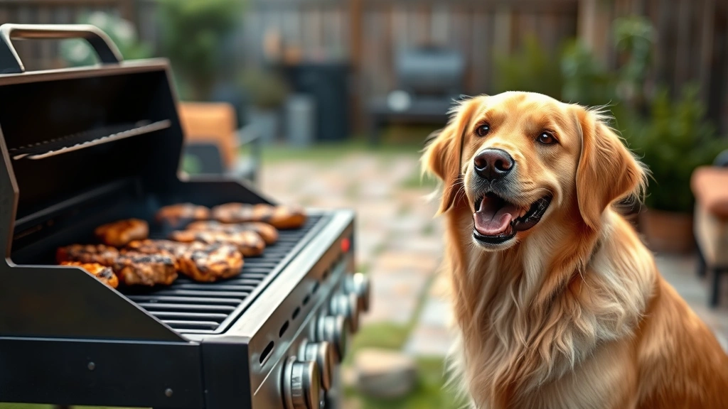 Golden retriever with happy expression sitting beside a grilling station with meat cooking on the grill, summer backyard setting, shallow depth of field