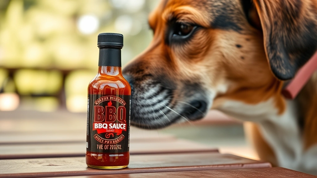 Close-up of dog's face sniffing toward a bottle of BBQ sauce on a picnic table, curious expression, natural outdoor lighting, blurred background
