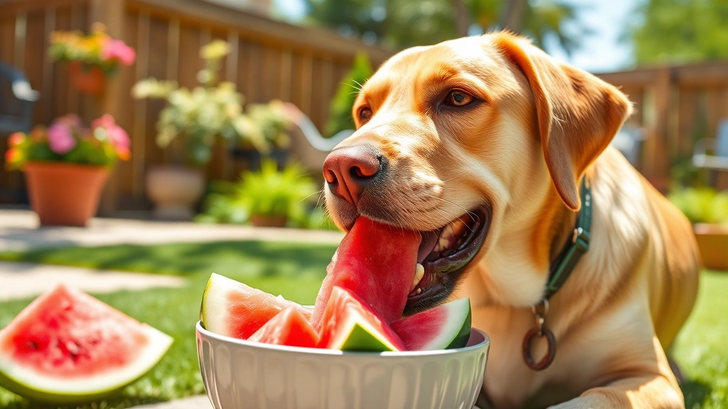 Labrador eating watermelon slices from a bowl in a sunny backyard during summer, fresh and healthy dog treat, bright daylight