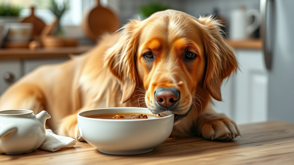 Golden retriever dog enjoying a bowl of warm beef broth in a cozy kitchen setting, no text, no words, no letters