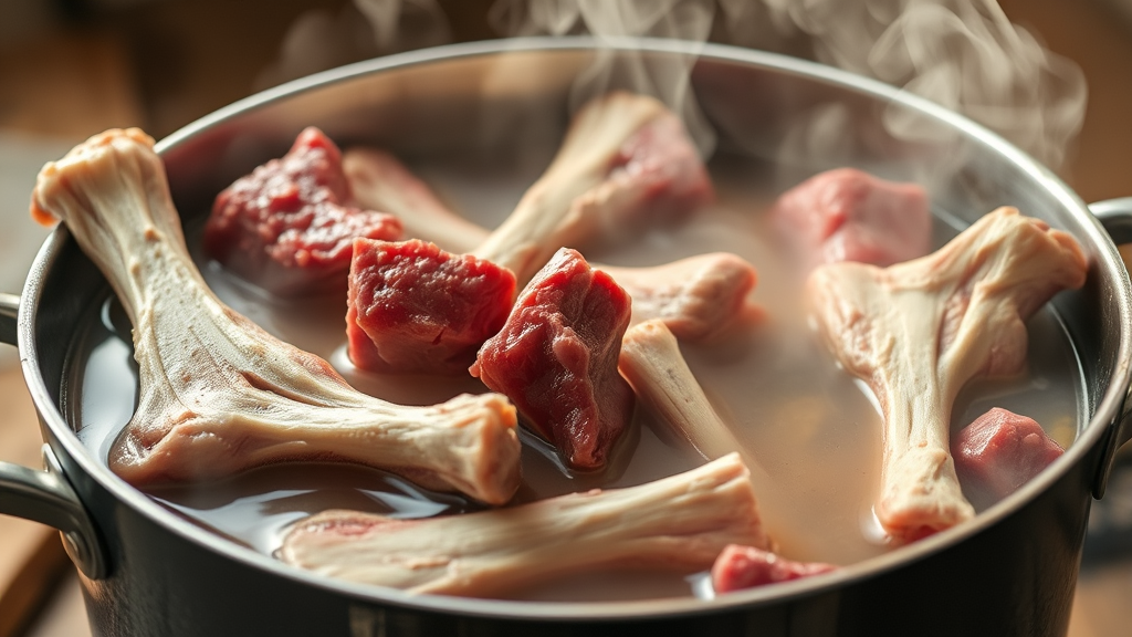Fresh beef bones simmering in a large pot with steam rising, creating nutritious homemade dog broth, no text, no words, no letters
