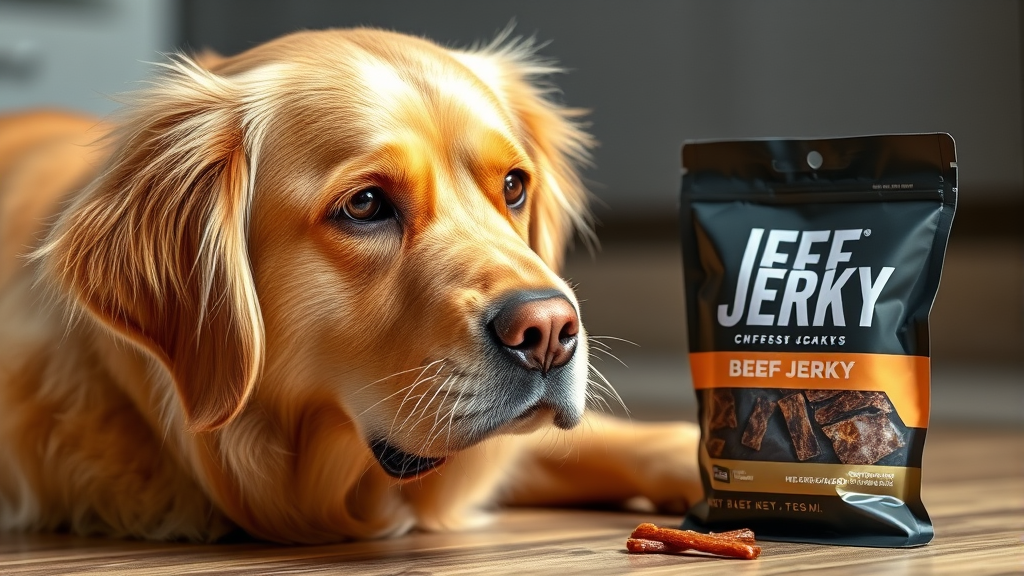 Golden retriever looking at beef jerky package with concerned expression, no text no words no letters