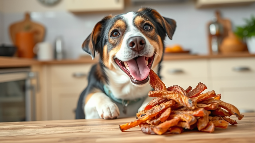 Happy dog enjoying homemade plain dried meat strips in kitchen setting, no text no words no letters