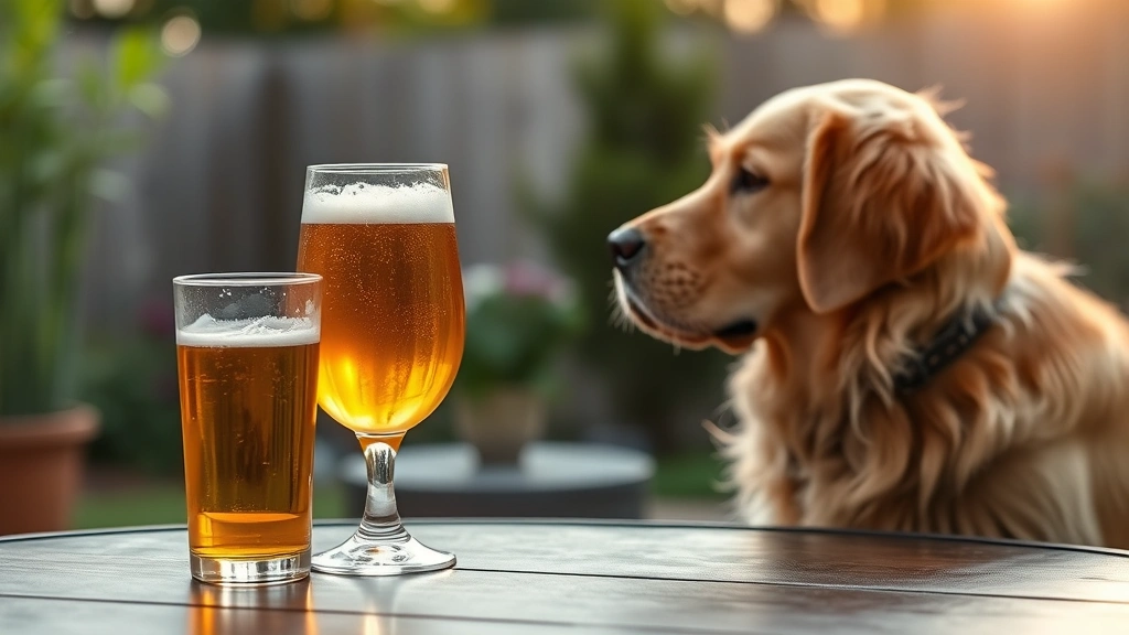 Golden retriever looking away from a glass of beer on a table, soft natural lighting, backyard setting