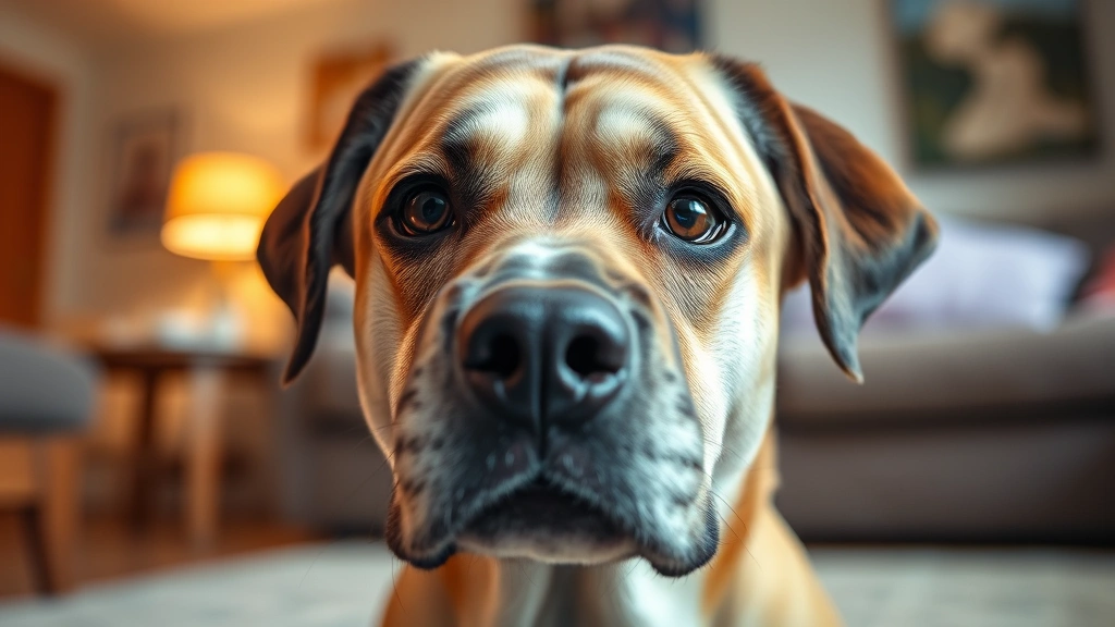 Close-up of a concerned-looking dog's face with worried expression, indoor home environment, warm lighting