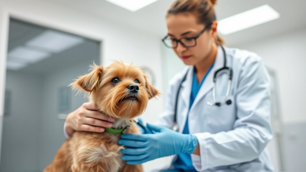 Veterinarian examining a small brown dog with stethoscope in a bright clinic room, professional medical setting