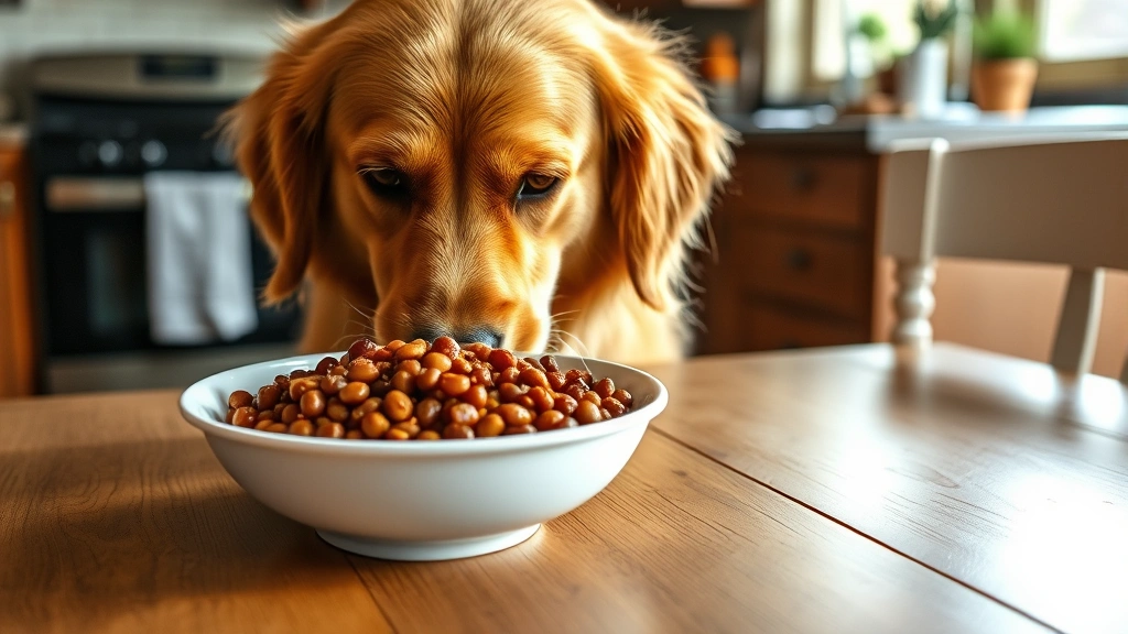 Golden retriever sniffing a white bowl filled with cooked black-eyed peas on a wooden kitchen table, warm natural lighting