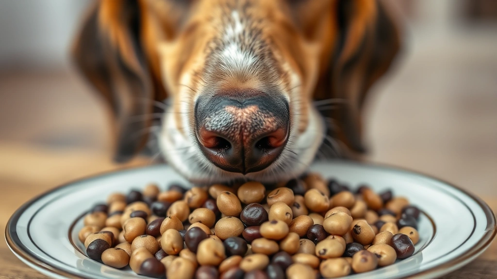 Close-up of a dog's nose touching a pile of cooked black-eyed peas on a ceramic plate, shallow depth of field, soft focus background