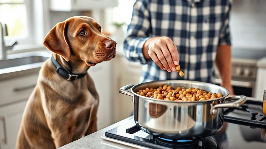 Labrador puppy sitting attentively while owner prepares fresh black-eyed peas in a stainless steel pot in bright kitchen setting