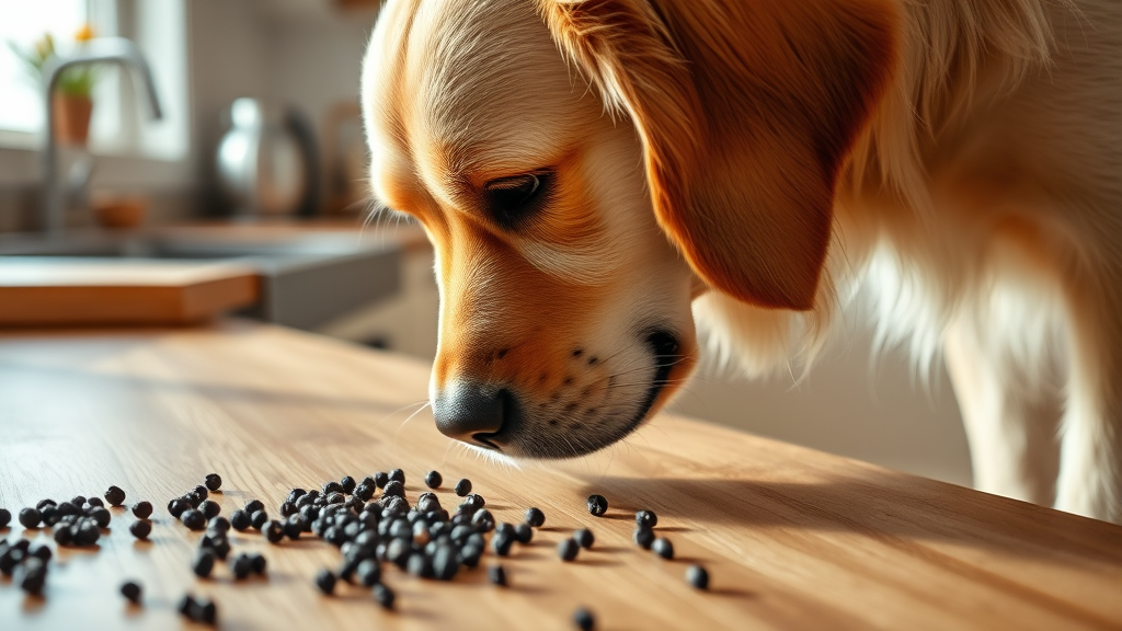 Golden retriever sniffing at scattered black peppercorns on wooden kitchen counter, warm natural lighting, no text no words no letters
