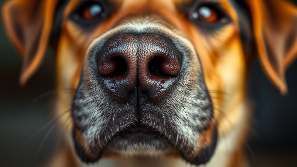 Close up of dog's nose and mouth with concerned expression, soft focus background, natural colors, no text no words no letters