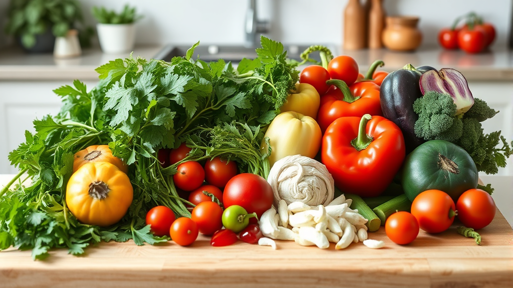 Variety of dog safe herbs and vegetables arranged on cutting board, bright kitchen setting, fresh ingredients, no text no words no letters