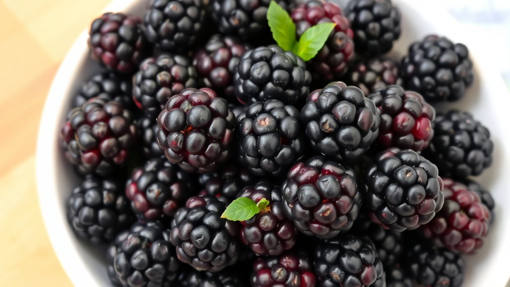 Close up of fresh ripe blackberries in white ceramic bowl on kitchen counter, vibrant colors, no text no words no letters